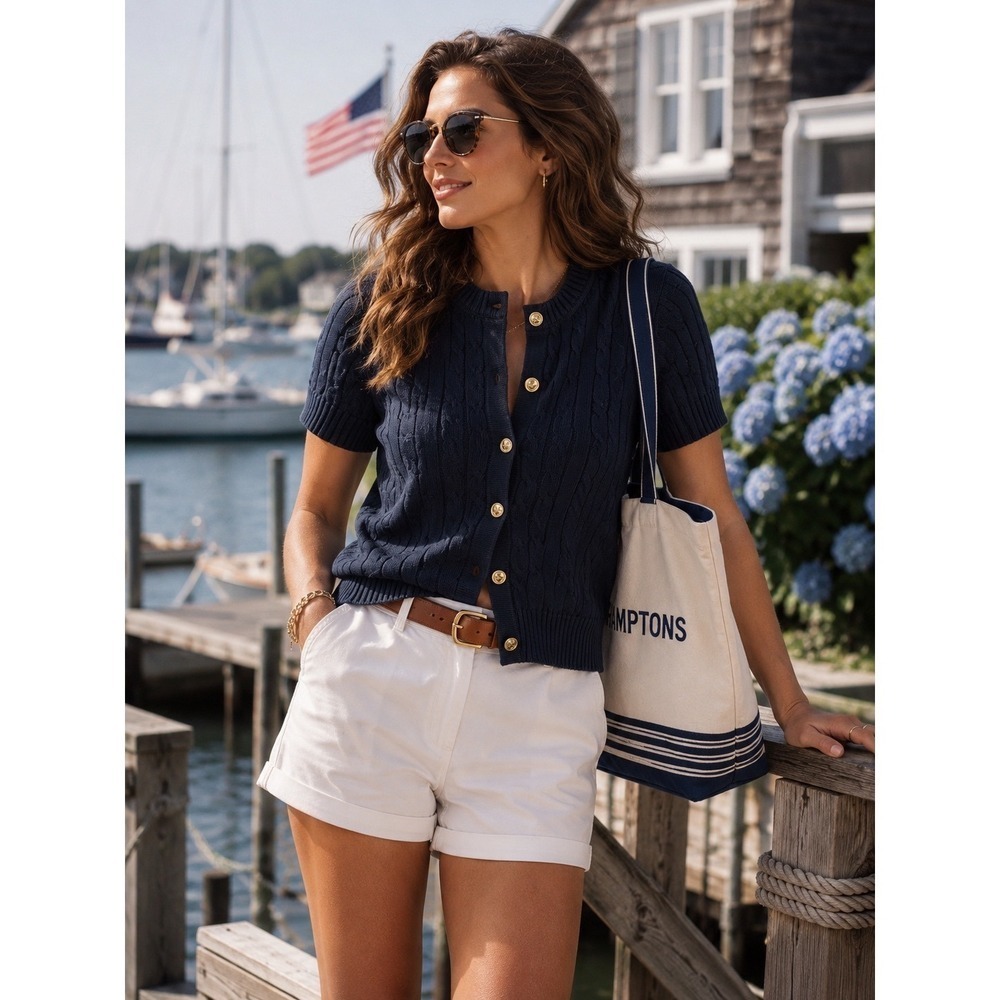 Free Assembly Womens Navy Blue Cable Knit Short Sleeve Cardigan Gold Buttons S